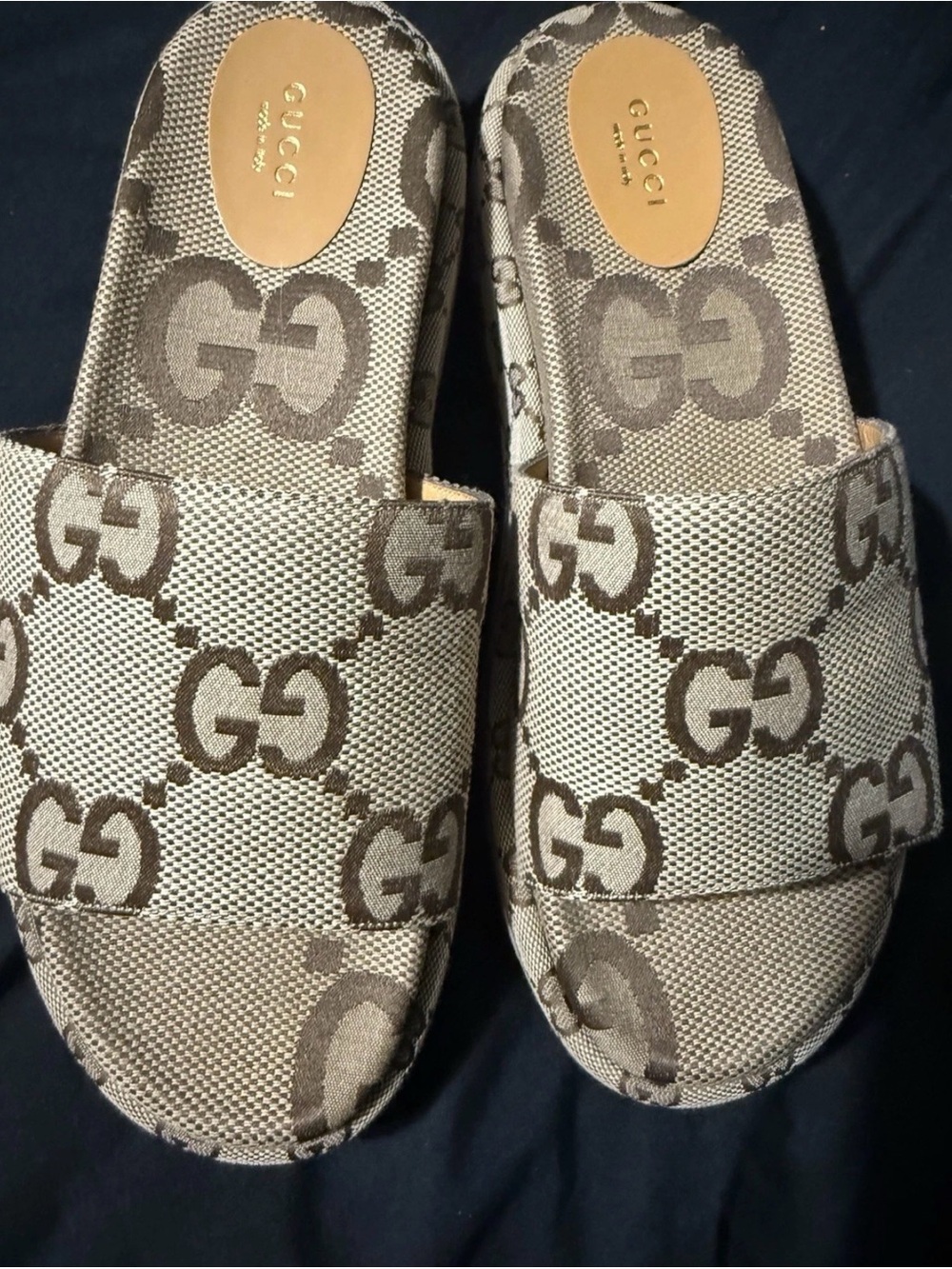 Gucci Beige and Brown GG Canvas Slide Sandals